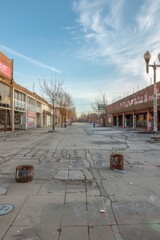 A vacant city square surrounded by abandoned storefronts, with empty sidewalks, cracked pavement,...