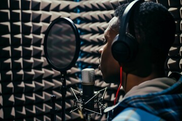 voice actor speaking into a microphone in a soundproof studio