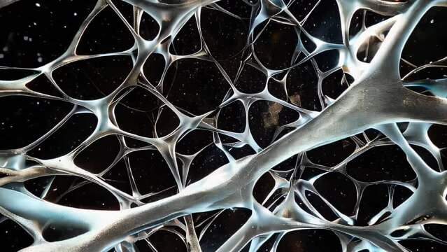 An abstract image featuring intricately intertwined white and gray lines and fibrous structures against a black background. 
