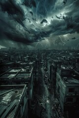 A vacant cityscape during a thunderstorm, with dark clouds looming overhead, flashes of lightning illuminating the empty streets, Generative AI