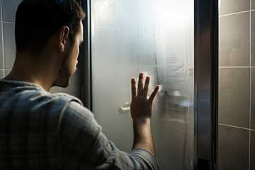 man touching the frosted glass of a bathroom door