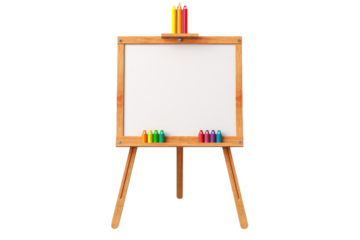 Colorful Creations: Wooden Easel With White Board and Crayons. On a Clear PNG or White Background.