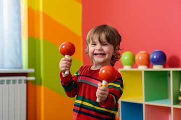 smiling child shaking maracas in a brightly colored room