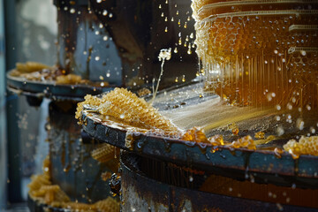 A detailed scene of the honey extraction process, where honey is spun out of the frames in an extractor and filtered into storage tanks - obrazy, fototapety, plakaty