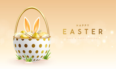 Happy Easter holiday background with basket, easter eggs and rabbit ears inside. Vector illustration - 772769200