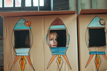 kid peeking out from a box with handdrawn rocket ship windows