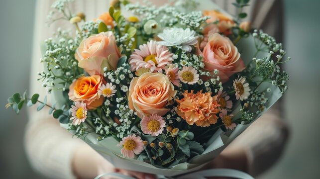   A clear image shows a close-up of an individual clutching a bouquet of vibrant flowers featuring oranges and whites, placed at its center