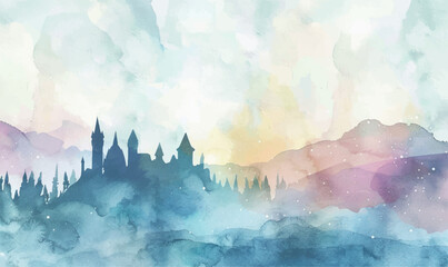 watercolor background illustration fantasy castle in the mountains