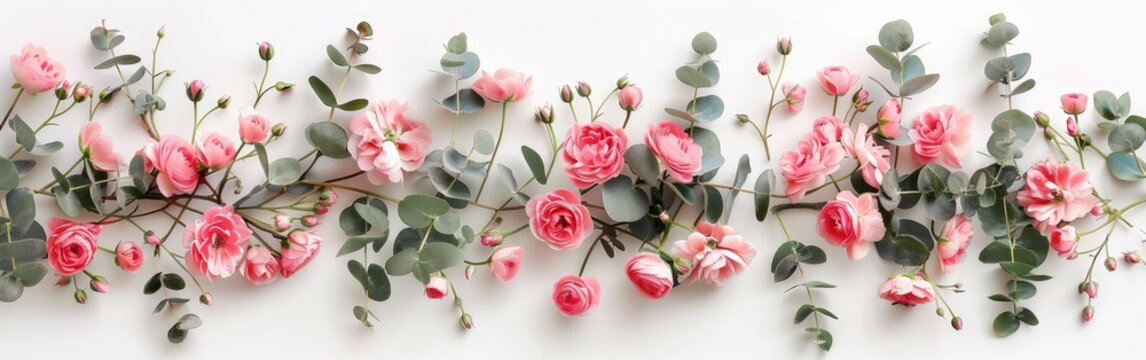 Floral Frame with Pink Flowers and Eucalyptus for Valentine's, Mother's, and Women's Day - Top View on White Background