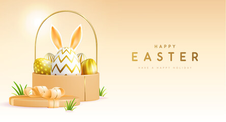 Happy Easter holiday background with gift box, basket, eggs and rabbit ears. Vector illustration - 772769663