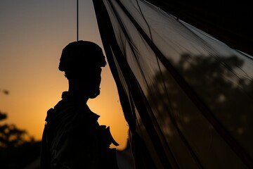 silhouette of a soldier against the fabric of a tent during sunset