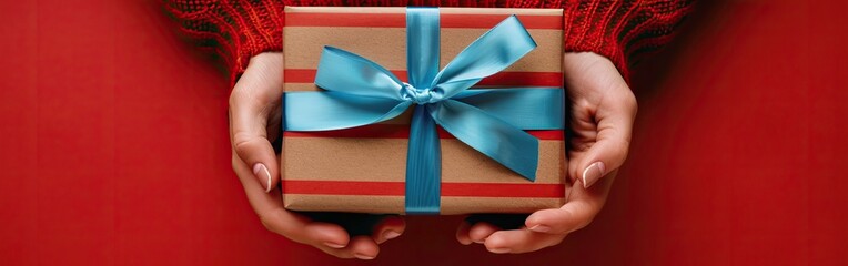 Gift of Love: Female Hands Holding Striped Box with Blue Ribbon on Red Background - Ideal for Holiday & Occasion Gifting