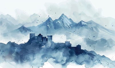 Fototapeta na wymiar watercolor background illustration castle in the mountains