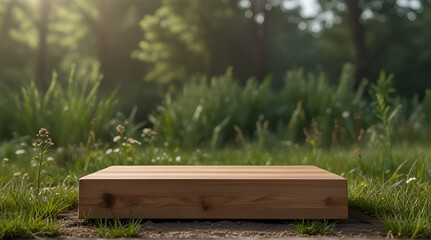 Farm wood nature field fruit table product grass garden background stand green food. Nature wood landscape morning farm outdoor sky podium forest stump beauty sun. generative.ai