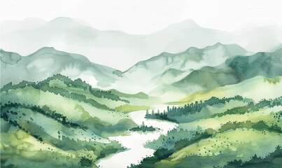 watercolor background illustration  landscape with mountains