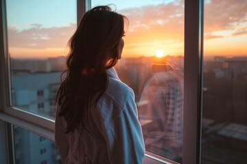 woman in bathrobe looking at sunrise from penthouse window - obrazy, fototapety, plakaty