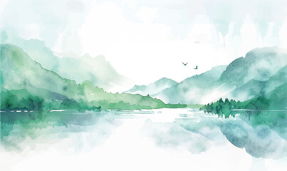 watercolor background illustration lake and mountains