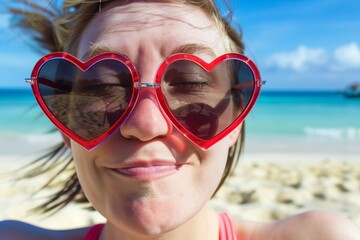 adult sporting heartshaped sunglasses at a beach
