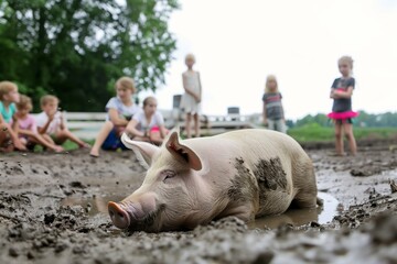 kids watching a pig play in the mud