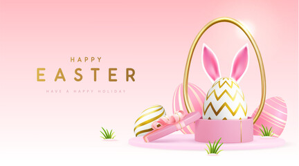 Happy Easter holiday background with gift box and Easter egg with rabbit ears. Vector illustration - 772770229
