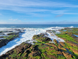 Low tide and the rock platform near Newcastle Ocean Baths, New South Wales, Australia. Green algae on the rocks, with surf crashing over the rocks.