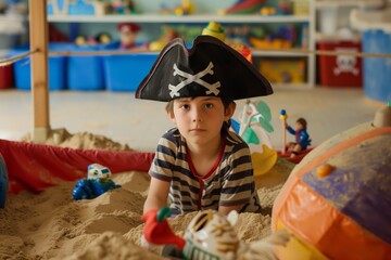 boy in sandbox wearing a pirate hat, surrounded by toys