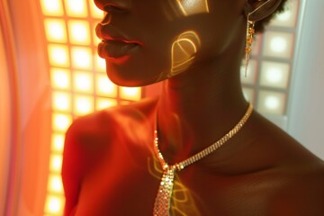 closeup of solarium user wearing jewelry with tan outline visible