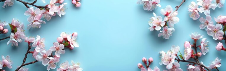 Blooming Spring Petals on Turquoise - Top View Frame, Perfect Nature Backdrop for Springtime Theme