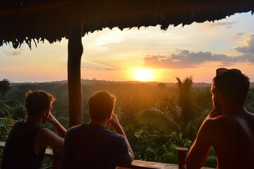 friends enjoying sunset over the jungle from veranda