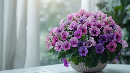 Fototapeta premium A vase with purple flowers on a window sill next to a green plant