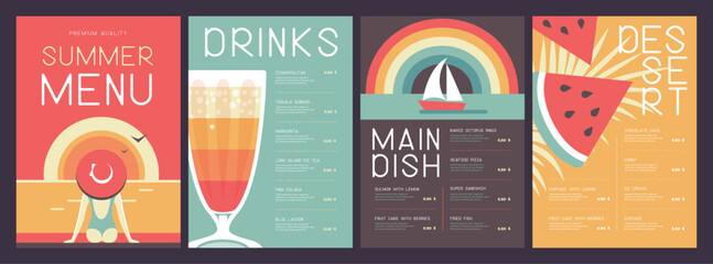 Obraz premium Retro summer restaurant menu design with cocktail, watermelon, rainbow and woman in hat. Vector illustration
