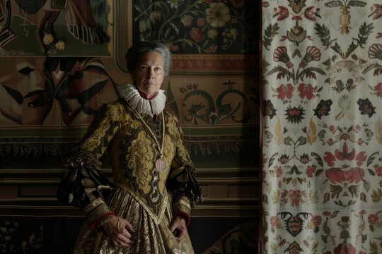 matron in a brocade gown with an ancestral necklace, near tapestries