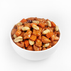 Soya sauce chicken stir fry, chinese cuisine dish, on a white background