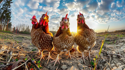 A gathering of chickens, clustered closely together, all standing upright beside one another in a row - obrazy, fototapety, plakaty