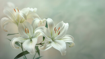 Fototapeta na wymiar Serene White Lilies Ensemble, Softly Textured Backdrop in Pastel Tones