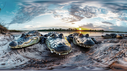 A group of crocodiles basking on a sandy beach, soaking up the sun and blending into their surroundings