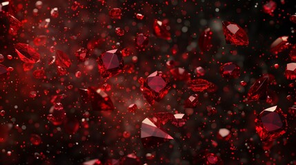 Red rubies on black backdrop. Symbols of luxury, wealth, prosperity. Abstract splashes of gemstones.