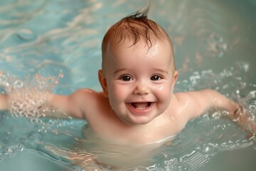 Fototapeta na wymiar babys toothy grin while playing in water