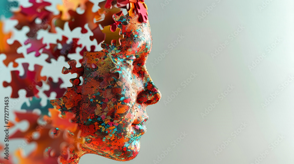 Poster a mosaic of colorful puzzle pieces intricately create the features of a womans face, showcasing a un