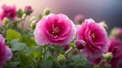 Alcea Flowers Close Up Macro View 