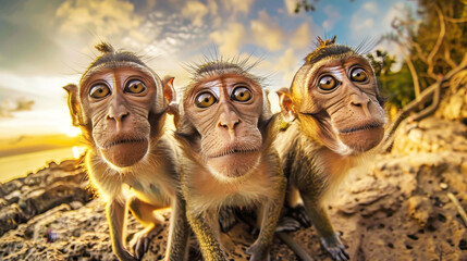 A group of monkeys are perched on top of a sandy beach, looking around and enjoying the view