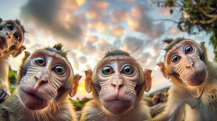 A group of monkeys standing next to each other in close proximity - obrazy, fototapety, plakaty