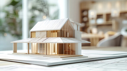 A detailed model of a house placed on top of a table, showcasing real estate offerings for sale, rental, or mortgage purposes