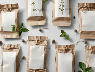 Overhead view of herbal products in neat eco-conscious paper packaging with blank white labels for branding, surrounded by raw ingredients