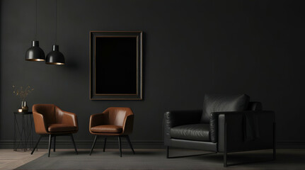 Picture frame mockup in dark tones with leather black armchair and decoration minimal. generative.ai