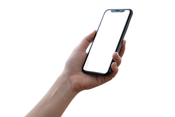 Closeup studio shot, collection of hand holding phone blank touch screen. isolated on white background. Business hand holding a modern smartphone. clipping path - obrazy, fototapety, plakaty