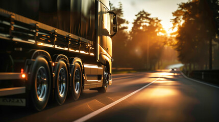 A semi truck with a cargo semi-trailer drives down a road during sunset, casting a long shadow on the pavement