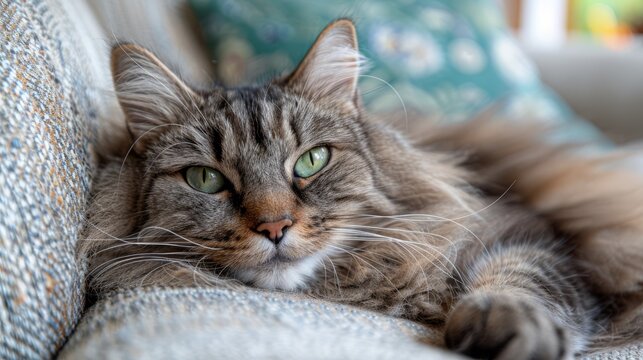   A close-up photo of a cat lounging on a couch, with its front paw resting on the arm and gazing into the camera