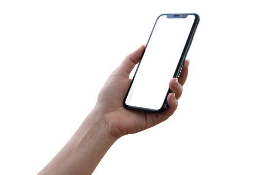 Closeup studio shot, collection of hand holding phone blank touch screen. isolated on white background. Business hand holding a modern smartphone. clipping path