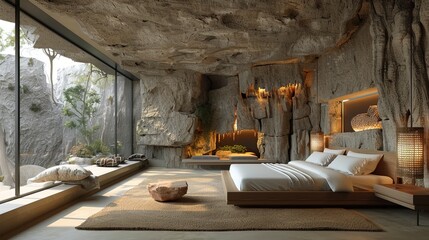 Fototapeta na wymiar Bedroom with stone and wood
